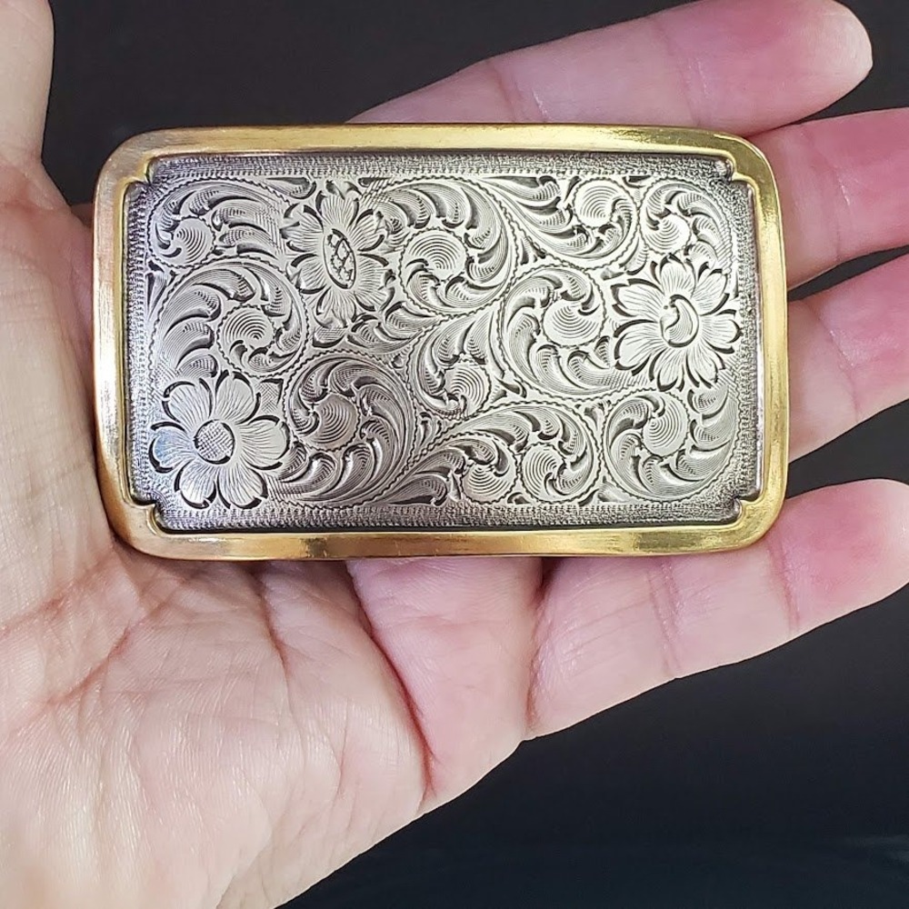 Western Floral Engraved Belt Buckle Two Tone Gold Silver Tone Rectangular